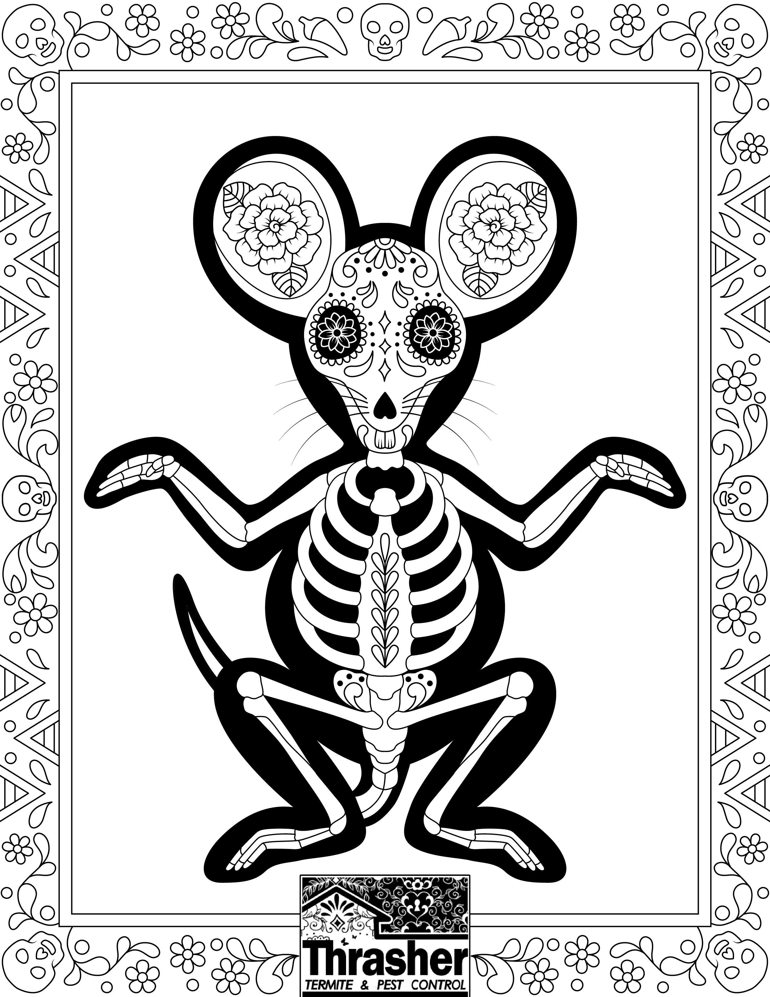 Rat Coloring Page.Thrasher, Dia de los Muertos/Mexican Folk Art style